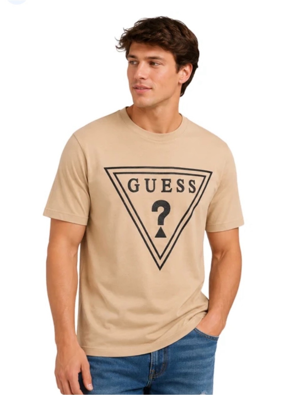 NWT GUESS Men's Cotton Logo Tee in Dulce Cream with Black Logo Print Size Small